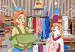 anthro big_breasts blue_bottomwear blue_clothing blue_pants bottomwear bra breasts clothing duo eyewear female fur glasses green_bottomwear green_clothing green_eyes green_pants grey_clothing hair huge_breasts mall mature_anthro mature_female orange_body orange_fur orange_hair panties pants pink_clothing purple_clothing red_clothing shelf shopping size_difference smile smiling_at_another towel underwear white_body white_clothing white_fur wide_hips yellow_clothing xefino akizuki_(xefino) katrina_fowler domestic_cat felid feline felis mammal absurd_res hi_res