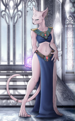 anthro blue_clothing breasts claws clothing female gold_(metal) gold_jewelry hairless inside jewelry looking_at_viewer magic navel solo standing tail giraffehydra paizo pathfinder domestic_cat felid feline felis hairless_cat mammal 2022 digital_media_(artwork) hi_res