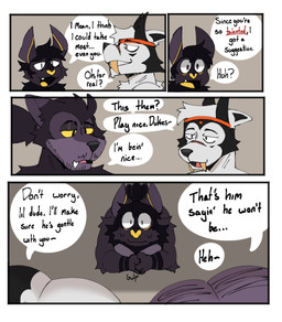 4_panel_comic accessory anthro anthro_on_anthro bragging confident dialogue fangs first_person_view group hair headband horn intimidation larger_male male male/male pecs ponytail size_difference sizing_up smaller_male speech_bubble swallowing teeth text trio yellow_nose yellow_sclera knightferret dante_(knightferret) duke_(chaosdraws) vale_(nxvarii) bat canid canine canis mammal wolf 2025 colored comic digital_media_(artwork) english_text hi_res