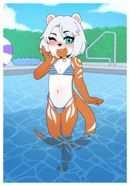 anthro arm_markings bikini biped black_nose blush blush_lines brown_body camel_toe clothed clothing collar_ring countershade_face countershade_torso countershading day eyebrows female flat_chested front_view gesture hair hand_gesture leg_markings loli looking_at_viewer markings navel one_eye_closed outside partially_submerged short_hair shoulder_markings solo standing_in_water swimming_pool swimwear tail tail_markings thigh_markings tongue tongue_out triangle_bikini two-piece_swimsuit v_sign water white_body white_countershading white_hair white_markings wink winking_at_viewer young young_anthro young_female gi0 mammal mustelid otter 2025 absurd_res hi_res