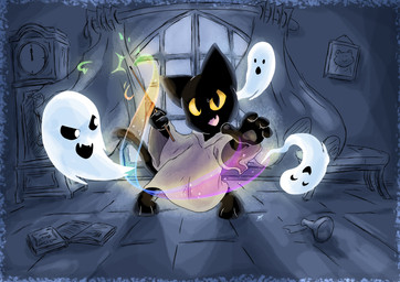 ambiguous_gender anthro book clock clothing curtains cute_fangs fangs grandfather_clock group holidays magic magic_user robe teeth wand window yellow_sclera emuraman google google_doodle halloween magic_cat_academy momo_(google) weather_frog_(google) amphibian domestic_cat felid feline felis frog ghost mammal spirit 2020 absurd_res hi_res