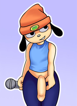 anthro beanie clothed clothing electronics flashing genitals hat headgear headwear male microphone penis simple_background solo standing lewdraru parappa_the_rapper sony_corporation sony_interactive_entertainment parappa canid canine canis domestic_dog mammal absurd_res hi_res