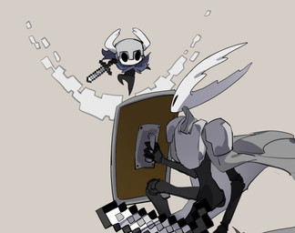 2_horns ambiguous_gender armor attack battle biped black_body black_eyes blocking breastplate cape cloak clothing duo empty_eyes fingers holding_melee_weapon holding_object holding_shield holding_sword holding_weapon horn looking_at_another melee_weapon midair pose shield shoulder_pads simple_background sword weapon oxide_cat hollow_knight_(franchise) microsoft minecraft mojang team_cherry xbox_game_studios hollow_knight_(character) pure_vessel_(hollow_knight) the_knight_(hollow_knight) arthropod vessel_(species) 2025 crossover hi_res sibling_(lore)