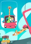 anthro car clothed clothing day driving fur motor_vehicle open_mouth outside toony_car vehicle yellow_body yellow_fur hydrabb avian bird felid giraffe giraffid kiwi_(bird) lion mammal pantherine ratite 2022 digital_media_(artwork) lineless