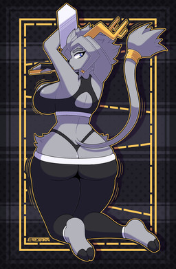 accessory anthro antlers big_breasts big_butt biped black_clothing blue_eyes bottomwear bra breasts butt clothing cloven_hooves female fur furgonomics grey_body grey_fur grey_hair hair hooved_plantigrade hooved_toes hooves horn huge_breasts jewelry kneeling looking_back pants plantigrade solo sports_bra tail tail_accessory tail_jewelry thong_straps tight_clothing underwear whale_tail_(fashion) yoga_pants envylemonade pseudoregalia sybil_(pseudoregalia) bovid caprine goat hybrid jackalope lagomorph mammal absurd_res hi_res