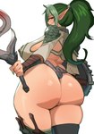 absurd_res big_breasts big_butt breasts butt clothing echidna_(queen's_blade) elf female green_hair hair hi_res holding_melee_weapon holding_object holding_weapon huge_butt humanoid_pointy_ears legwear lightsource looking_back melee_weapon not_furry queens_blade smile solo thick_thighs thigh_highs weapon