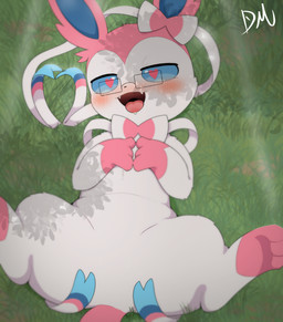 3_fingers 3_toes ambiguous_feral ambiguous_gender big_ears black_nose blue_inner_ear blue_sclera blush blush_lines bodily_fluids bow_(anatomy) drooling eyewear fangs featureless_crotch feet feral fingers fur glasses glistening glistening_eyes gloves_(marking) grass heart_pupils heart_symbol leg_markings logo lying markings multicolored_body multicolored_fur on_back on_grass on_ground open_mouth pink_body pink_fur pink_tail plant quadruped rectangular_glasses ribbons_(anatomy) saliva small_nose socks_(marking) solo spread_legs spreading tail teeth toes tongue tongue_out wearing_glasses white_body white_fur dreammaker810 nintendo pokemon eeveelution generation_6_pokemon pokemon_(species) sylveon 2026 absurd_res artist_logo digital_media_(artwork) hi_res