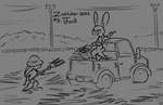 anthro clothed clothing cloud detailed_background duo eyewear female fence field glasses hat hay headgear headwear hill holding_object light_truck motor_vehicle outside pickup_truck pitchfork sun_hat text tools truck_(vehicle) utility_pole vehicle conditional_dnp tangerine_(artist) disney inktober zootopia judy_hopps violet_hopps lagomorph leporid mammal rabbit 2023 digital_drawing_(artwork) digital_media_(artwork) english_text hi_res monochrome sibling_(lore) sister_(lore) sisters_(lore)