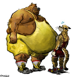 anthro belly big_belly bodily_fluids brown_body brown_fur bulge clothing duo fur huge_belly male markings musclegut muscular muscular_male nervous obese obese_male orange_body orange_fur overweight overweight_male shirt size_difference spots spotted_body spotted_fur sweat tank_top topwear weight_difference aokamidu bear cheetah felid feline mammal
