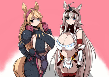 big_breasts blonde_hair blue_eyes breasts cleavage clothed clothing female grey_hair hair huge_breasts kirin_armor looking_at_viewer nargacuga_armor navel under_boob yakumodaisuki capcom cygames monster_hunter uma_musume_pretty_derby gold_city_(pretty_derby) oguri_cap_(pretty_derby) animal_humanoid equid equid_humanoid equine equine_humanoid horse_humanoid humanoid mammal mammal_humanoid hi_res