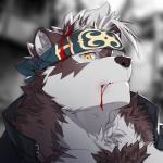 accessory anthro blood bodily_fluids clothing fur headband male multicolored_body multicolored_fur muscular muscular_anthro muscular_male solo white_body white_fur chaiyi lifewonders tokyo_afterschool_summoners horkeu_kamui_(tas) canid canine canis mammal wolf 1:1 2019 hi_res