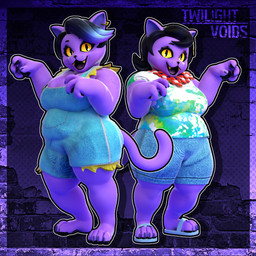 accessory anthro barefoot bottomwear claws clone clothing detailed_background dual_persona duo ear_piercing ear_ring feet female finger_claws flower flower_in_hair flower_necklace footwear fur hair hair_accessory highlights_(coloring) looking_at_viewer open_mouth overalls overalls_only overweight paw_pose pawpads piercing plant pose purple_body purple_claws purple_fur raised_arms ring_piercing sandals shirt shoes short_stack shorts slightly_chubby smile tie-dye toe_claws topwear twilightv0ids twilightv0ids_(modeler) blender_cycles deltarune undertale undertale_(series) catty_(undertale) domestic_cat felid feline felis mammal 1:1 3d_(artwork) absurd_res blender_(artwork) digital_media_(artwork) hi_res watermark