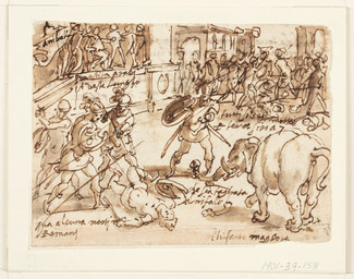 animal_genitalia anus balls butt classical_architecture clothing crowd feral fight genitals gore group male male_feral male_human melee_weapon puffy_anus rear_view severed_body_part severed_trunk standing tail text weapon jan_van_der_straet_(stradanus) elephant elephantid human mammal proboscidean 16th_century ancient_art hi_res sketch