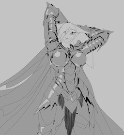 anthro armor boob_armor cape chainmail clothing female floppy_ears gauntlets gloves greaves hair hair_over_eye handwear lop_ears plate_armor pose solo thick_thighs thewyvernsweaver last_fables eni_siverets_(last_fables) hare lagomorph leporid mammal monochrome