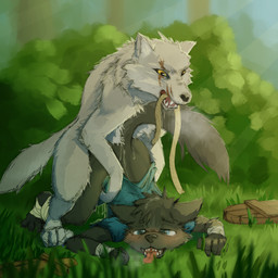 4_toes anal anal_penetration anthro anthro_on_feral anthro_penetrated barefoot bestiality black_body black_fur black_hair blue_eyes blush bodily_fluids bottomless clothed clothing cum cum_in_ass cum_inside doggystyle duo fangs feet feral feral_penetrating feral_penetrating_anthro from_behind_position fur genital_fluids hair intraspecies intraspecies_bestiality male male/male male_penetrated male_penetrating male_penetrating_male melee_weapon penetration rope scar sex shield shirt shota sword teeth tired toes tongue tongue_out topwear weapon white_body white_fur wraps yellow_eyes young young_anthro young_male dakkawoof dakka canid canine canis mammal wolf 1:1 2021 hi_res