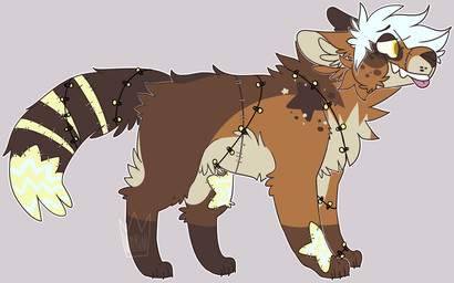 ambiguous_gender brown_body brown_fur brown_nose claws digitigrade eyebrows feral feral_with_hair fur grey_background hair inner_ear_fluff markings paws pink_tongue simple_background smile snout solo standing star_(marking) string_lights surgical_suture tail tan_body tan_fur tan_inner_ear tan_inner_ear_fluff teeth tongue tongue_out tuft whisker_spots white_hair yellow_eyes jaspering canid canine duskky mammal patchwork_creature 2017 digital_drawing_(artwork) digital_media_(artwork) flat_colors full-length_portrait paint_tool_sai_(artwork) portrait watermark