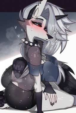 anthro bedroom_eyes big_breasts big_butt black_nails blush bodily_fluids bottomwear breasts breath butt butt_cleavage clothed clothing collar colored_nails crop_top ear_piercing ear_ring eyebrow_piercing facial_piercing female fur grey_body grey_fur heart_symbol in_heat looking_at_viewer looking_back nails narrowed_eyes one_eye_obstructed panting piercing red_eyes ring_piercing seductive shirt shorts sitting solo spiked_collar spikes sweat sweatdrop sweaty_legs tail tight_clothing topwear wide_hips y_shaped_butt_crack minicop2001 hellaverse helluva_boss mythology loona_(helluva_boss) canid canid_demon canine demon hellhound mammal mythological_canine mythological_creature hi_res