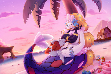 accessory anthro beach beach_towel bib bib_only big_breasts blonde_hair blue_body blue_eyes blue_scales breasts building cake cleavage clothed clothing dessert duo eyewear female feral feral_on_top fin flower flower_bracelet flower_in_hair food fruit fur glasses grey_body grey_fur hair hair_accessory heart_eyes heart_symbol hug inner_ear_fluff larger_female long_hair male male/female oran_berry palm_tree paws pecha_berry plant pokemon_berry red_body red_eyes red_fur rock rock_formation scales sea size_difference sky smaller_male smile sunscreen sunset towel tree tuft vitamin water white_body larsspawn nintendo pokemon ashenheart_(sharow_loux) aquatic canid canine fennekin generation_6_pokemon generation_7_pokemon mammal pinniped pokemon_(species) primarina shiny_pokemon absurd_res hi_res