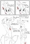 2018 absurd_res anthro black_and_white blood blush bodily_fluids canid canine clothed clothing comic dipstick_ears disney ear_markings english_text female fox hi_res judy_hopps lagomorph leporid male mammal monochrome multicolored_ears nick_wilde rabbit shadowponi simple_background text topless white_background zootopia