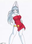 2010 anthro big_breasts biped breasts clothing dress female fur hair hi_res jewelry koshkio lagomorph leporid long_hair looking_at_viewer mammal necklace ponytail rabbit rae_(koshkio) red_eyes solo standing star white_body white_fur