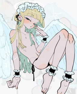 barefoot black_nails clothed clothing colored_nails ear_piercing feathered_wings feathers feet femboy humanoid_feet industrial_piercing maid_headdress male nails not_furry panties panties_only piercing plantigrade solo topless topless_humanoid topless_male underwear underwear_only wings takoya_de angel angel_humanoid humanoid hi_res