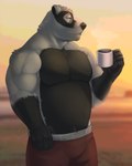 anthro arm_tuft belly biceps bottomwear chest_tuft chin_tuft clothed clothing coffee_mug facial_tuft hand_on_hip looking_aside male manly morning musclegut muscular navel pecs pubes shorts shorts_only shoulder_tuft slightly_chubby solo standing steam topless triceps tuft horrorbuns echo_(series) echo_project the_smoke_room nikolai_krol badger mammal mustelid musteline 2024 hi_res