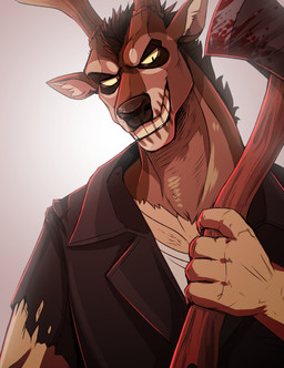 antlers axe black_clothing black_topwear blood blood_on_axe bodily_fluids brown_antlers brown_body brown_fur brown_hair clothed clothing for_a_head front_view fur grin hair holding_axe holding_object horn male narrowed_eyes short_hair simple_background smile solo topwear yellow_eyes swampjaws animal_head animal_humanoid deer humanoid mammal absurd_res hi_res