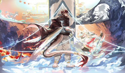 accessory anthro band-aid bandage bandage_on_face bandage_on_nose brown_clothing brown_topwear cloak clothing detailed_background facial_hair female feral fortune_teller fur furgonomics grey_body grey_fur group hair jewelry looking_at_viewer male monk mouse_cursor orange_body orange_fur rear_view red_eyes red_hair ring tail tail_accessory tail_jewelry tail_ring topwear white_hair wings duomoxi mythology threefold_recital_(game) taiqing_(threefold_recital) tarjumdad_(threefold_recital) transia_(threefold_recital) triratna_(threefold_recital) worri_arte_(threefold_recital) canid canine canis dragon eastern_dragon fox mammal mythological_creature mythological_scalie reptile scalie snake wolf absurd_res detailed hi_res