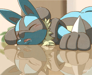 3_fingers ambiguous_gender anthro blue_body blue_fur blurred_background bodily_fluids drooling eyes_closed fangs fingers fur hand_spike lying on_front open_mouth reflection reflective_floor saliva sleeping snout solo teeth tongue yellow_body yellow_fur irago nintendo pokemon canid canine generation_4_pokemon lucario mammal pokemon_(species) shaded signature
