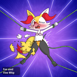 3_fingers 3_toes abstract_background anthro assisted_exposure attack biped black_body blush blush_lines bodily_fluids bottomwear bound bra butt_slap cheek_tuft clothed clothing colored_edge_bra colored_edge_underwear crotch_seam cute_fangs digitigrade dipstick_tail dress_removed embarrassed eyelashes facial_tuft fangs feet female female_anthro fingers flat_chested food_clothing front_view fur fur_markings inner_ear_fluff markings multicolored_body multicolored_fur navel one_eye_closed open_mouth orange_clothing orange_panties orange_underwear panties pattern_bottomwear pattern_bra pattern_clothing pattern_panties pattern_topwear pattern_underwear pokemon_battle pokemon_move pseudo_clothing pseudo_clothing_removed pseudo_dress pseudo_dress_removed red_eyes red_inner_ear_fluff red_nose red_tail_tip side-tie_panties side-tie_underwear simple_background slap solo spanked_butt spanking suspension tail tail_markings tears teeth text text_on_bra text_on_clothing text_on_underwear thong toes tongue topwear torn_clothing torn_pseudo_clothing tuft two_tone_tail underwear underwear_only white_body white_fur yellow_body yellow_fur yellow_tail ponponthedreambunny nintendo pokemon scarlet_(ponponthedreambunny) braixen canid generation_6_pokemon mammal pokemon_(species) 1:1 2026 absurd_res cel_shading colored digital_drawing_(artwork) digital_media_(artwork) english_description english_text full-length_portrait hi_res portrait shaded