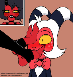 blush duo eyelashes feet female foot_fetish foot_in_mouth foot_suck freckled_face freckles horn husband_and_wife long_eyelashes male married_couple red_body sucking toe_in_mouth toe_suck toes yellow_sclera mrchasecomix hellaverse helluva_boss millie_(helluva_boss) moxxie_(helluva_boss) demon demon_humanoid humanoid imp hi_res