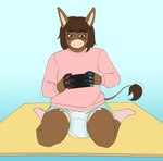 anthro blue_background blush brown_body brown_fur brown_hair clean_diaper clothed clothing diaper ear_piercing electronics eyewear female footwear fur game_console gaming glasses hair kneeling piercing pink_clothing pink_sweater pink_topwear playing playing_video_game simple_background sitting smile socks solo sweater switch_console tail tail_tuft tan_body tan_fur topwear tuft wearing_diaper wetness_indicator wettestindicator nintendo nintendo_switch asinus donkey equid equine mammal 2025 hi_res