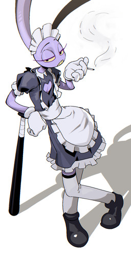 anthro black_eyes clothed clothing crossdressing_male footwear fur looking_at_viewer maid_uniform male purple_body purple_fur shoes solo uniform yellow_sclera feliscede glitch_productions the_amazing_digital_circus jax_(tadc) lagomorph leporid mammal rabbit 2025 hi_res