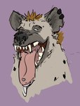 anthro bodily_fluids dickinoatmeal drooling eye_scar facial_scar fangs fangs_bared fur half-closed_eyes hi_res hyena male mammal markings mouth_shot narrowed_eyes open_mouth piercing saliva scar solo spots spotted_body spotted_fur spotted_hyena teeth tongue tongue_out tongue_piercing