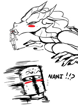 anthro armor big_breasts blush bodily_fluids breasts cleavage clothed clothing duo extreme_size_difference female headgear helmet horn huge_breasts humor interrobang kissing knight larger_female lay_the_dragon lips male male/female size_difference smaller_male sweat warrior jijis-waifus mythology dragon human mammal mythological_creature mythological_scalie scalie 2017 absurd_res black_and_white hi_res meme monochrome