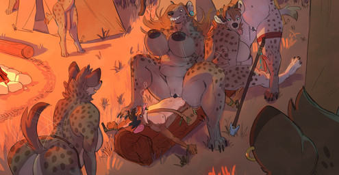 anthro anthro_on_anthro anthro_penetrated anthro_penetrating anthro_penetrating_anthro anthro_penetrating_female belly big_breasts big_butt bodily_fluids breasts brown_body brown_fur butt campfire claws clitoris cunnilingus dominant dominant_female dripping_wet ear_piercing ear_ring female female/female female_anthro female_penetrated fire fur genital_fluids genitals group huge_breasts larger_female looking_at_another looking_back looking_back_at_another male male/female male_penetrating male_penetrating_female markings mature_anthro mature_female oral penetration piercing pose power_bottom ring_piercing sex size_difference smaller_male spots spotted_body spotted_fur tail tail_motion tailwag tent toe_claws tribe vaginal vulva twistedteeth bat hyena mammal colored detailed digital_drawing_(artwork) digital_media_(artwork) hi_res shaded