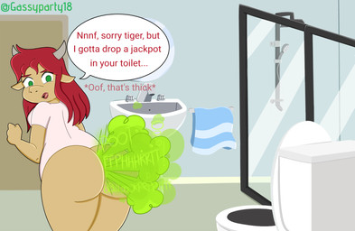anthro bathroom big_butt bottomless butt clothed clothing fart fart_cloud fart_fetish female female_farting gas gassy green_eyes green_fart_cloud hair horn imminent_pooping implied_scat lipstick looking_at_viewer looking_back makeup rear_view red_hair shirt shower shower_head sink smelly solo speech_bubble talking_to_self text thick_thighs toilet toilet_bowl toilet_lid toilet_seat topwear topwear_only towel white_clothing white_shirt white_topwear supersonicparty18 marvel spider-ham spider-man_(series) mary_jane_watson bovid bovine mammal true_buffalo water_buffalo english_text hi_res