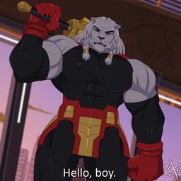 abs anthro arm_warmers armor armwear barazoku biceps big_muscles big_pecs black_clothing black_lips black_nose black_sclera bodysuit braided_hair claws clothing dreadlocks elbow_gloves gloves gold_(metal) gold_armor gold_jewelry greeting hair handwear holding_object holding_weapon inside jewelry lips mace male melee_weapon muscular muscular_anthro muscular_male muscular_thighs pecs red_clothing red_eyes sash skinsuit skintight_suit solo suit text thick_thighs tight_clothing triceps weapon whiskers white_body white_dreadlocks nx6art image_comics invincible_(image_comics) thokk_(invincible) alien felid feline lion mammal pantherine 1:1 english_text hi_res redraw subtitled