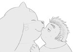 anthro duo horn kissing long_ears male male/male overweight overweight_male size_difference slightly_chubby wantaro bandai_namco digimon digimon_(species) gargomon human mammal line_art monochrome