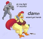 anthro big_breasts bra breasts broken_sword clothing cuff_(restraint) female gender_transformation human_to_anthro knight knight_armor male mtf_transformation restraints solo species_transformation text transformation underwear warrior wrist_cuffs dreamerknight ok_ima_fight avian bird chicken galliform gallus_(genus) human mammal phasianid 2023 absurd_res english_text hi_res meme