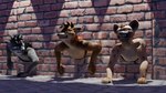 anthro blue_eyes brown_body brown_eyes brown_fur fur green_eyes grey_body grey_fur group male stuck trio wall_(structure) fox_the_hyena canid canine canis hyena mammal wolf 16:9 hi_res widescreen