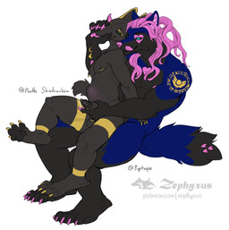 abdominal_bulge animal_genitalia anthro balls biped black_body black_sclera blue_body blue_fur bodily_fluids claws duo fur genital_fluids genitals hair hand_on_face licking long_hair male male/male male_penetrating markings masturbation muscular muscular_anthro muscular_male nipple_piercing nipples nude penetration penis piercing pink_hair self_lick sex size_difference tail tongue zephyxus mythology hope_(hopethehusky) canid canine canis domestic_dog husky mammal mythological_creature nordic_sled_dog spitz wolf digital_media_(artwork) hi_res