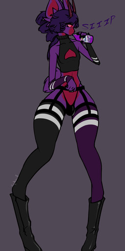 anthro arm_warmers armwear biped black_lipstick boots bottle cleavage_cutout clothing container cutout drinking femboy footwear garter_belt garter_straps hair leather leather_boots leather_clothing leather_footwear legwear lipstick makeup male ponytail purple_body purple_hair red_body shoes simple_background sipping solo sweater thigh_highs topwear turtleneck aujko lyg_(aujko) deer mammal new_world_deer pudu absurd_res hi_res