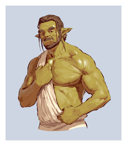 anthro beard blue_background border brown_beard brown_eyebrows brown_facial_hair brown_hair brown_mustache clothed clothed_anthro clothed_male clothing eyebrows facial_hair front_view green_body hair humanoid_pointy_ears looking_at_viewer male mouth_closed mustache nipples pointy_ears pose simple_background solo toga underbite white_border white_clothing kingarthur_i orc 2023 colored digital_drawing_(artwork) digital_media_(artwork) half-length_portrait hi_res portrait