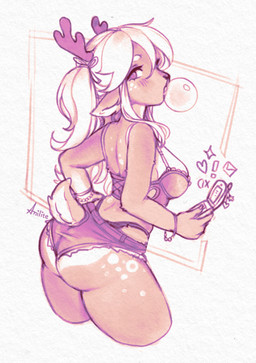 anthro antlers attitude bangs black_nose blowing_bubble_gum bottomwear bra bracelet bubble_gum butt cellphone clothing corset deer_ears electronics eyebrows female fur g-string hair horn hotpants jewelry lingerie long_hair looking_at_viewer looking_back markings multicolored_body multicolored_fur phone pigtails rear_view sassy scut_tail short_tail shorts slim small_waist solo spots spotted_body spotted_fur tail tan_body tan_fur texting thong_straps topwear underwear white_body white_eyebrows white_fur white_hair anilite bovid bovine deer mammal absurd_res hi_res shaded simple_shading