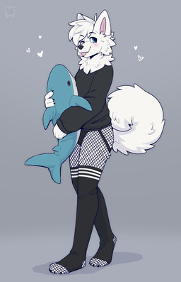 anthro black_claws black_clothing black_eyebrows black_legwear black_nose black_shirt black_stockings black_topwear black_underwear blep blue_eyes cheek_tuft claws clothing curled_tail eyebrows facial_tuft fishnet_clothing fishnet_leggings fishnet_legwear fluffy fur hair heart_symbol holding_object holding_plushie leggings legwear long_sleeves looking_away male monotone_body monotone_fur monotone_hair one_eye_closed pink_tongue plushie shirt simple_background snout solo stockings tail teeth tongue tongue_out topwear tuft underwear white_body white_fur white_hair fleurfurr canid canine canis domestic_dog mammal colored digital_drawing_(artwork) digital_media_(artwork) hi_res shaded