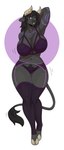 anthro big_breasts black_body black_fur black_hair bra breasts clothed clothing eyelashes female fur garter_belt garter_belt_leggings garter_straps hair hands_behind_back hooves horn knee_highs legwear lingerie markings motion_lines navel pose pubes purple_eyes purple_markings simple_background skimpy smile solo tail tail_tuft teeth thick_thighs thong tuft underwear wide_hipped_female wide_hips slightlysimian blizzard_entertainment warcraft khanna_darkcloud_(khanna_darkcloud) bovid bovine mammal tauren 2022 absurd_res hi_res pinup