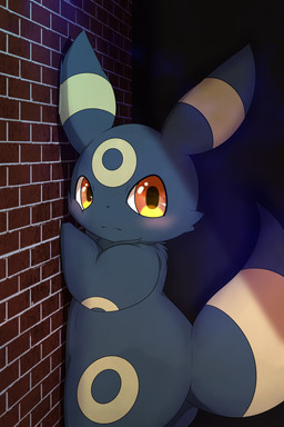 against_surface against_wall alley ambiguous_gender anthro anthrofied arm_markings biped black_body black_ears black_fur black_tail blush brick_wall butt cheek_tuft chibi detailed_background ear_markings facial_markings facial_tuft fluffy fur glistening glistening_eyes head_markings kemono leg_markings looking_at_viewer markings multicolored_body multicolored_ears multicolored_fur neck_tuft nude orange_eyes outside pokemorph pupils ring_(marking) ringed_tail semi-anthro side_view slightly_chubby solo standing striped_markings striped_tail stripes tail tail_markings thick_thighs tuft two_tone_body two_tone_ears two_tone_fur two_tone_tail wall_(structure) yellow_body yellow_ears yellow_fur yellow_markings yellow_tail hirochanu nintendo pokemon eeveelution generation_2_pokemon mammal pokemon_(species) umbreon 2:3 absurd_res digital_media_(artwork) hi_res portrait three-quarter_portrait