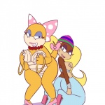 1:1 alternative_fashion amekaji anthro blonde_hair breasts claws collar donkey_kong_(series) duo female ganguro_(fashion) genitals grin gyaru hair haplorhine horn j-fashion kong koopa koopaling lips mammal mario_bros monkey nintendo nipples non-mammal_breasts non-mammal_nipples nude pose primate pussy reptile scalie simple_background smile spikes tan_pussy thegalen tiny_kong wendy_o._koopa white_background y2k_(fashion)