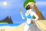 anthro beach bikini breasts clothed clothing female fluffy fur gesture hair hand_gesture happy looking_at_viewer machine protogen_face protogen_visor solo sunny swimwear tail tuft two-piece_swimsuit v_sign spaceg3n my_furry_protogen juno_(my_furry_protogen) protogen absurd_res digital_media_(artwork) hi_res